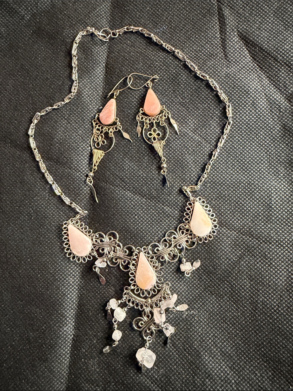 Silver-Tone Pink Teardrop Necklace & Earrings Set